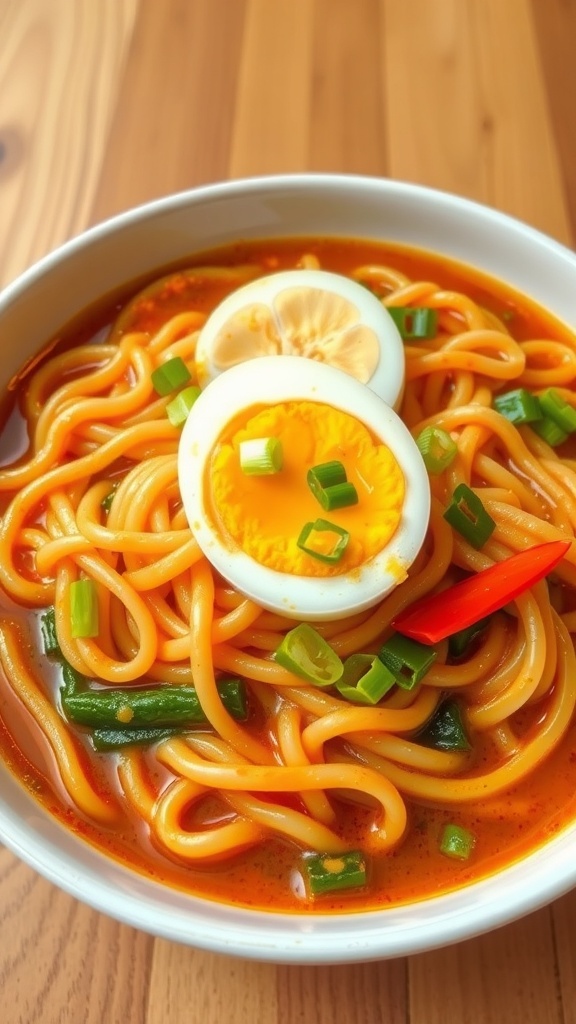 A bowl of quick 2-minute noodles topped with boiled egg and green onions, on a wooden table.